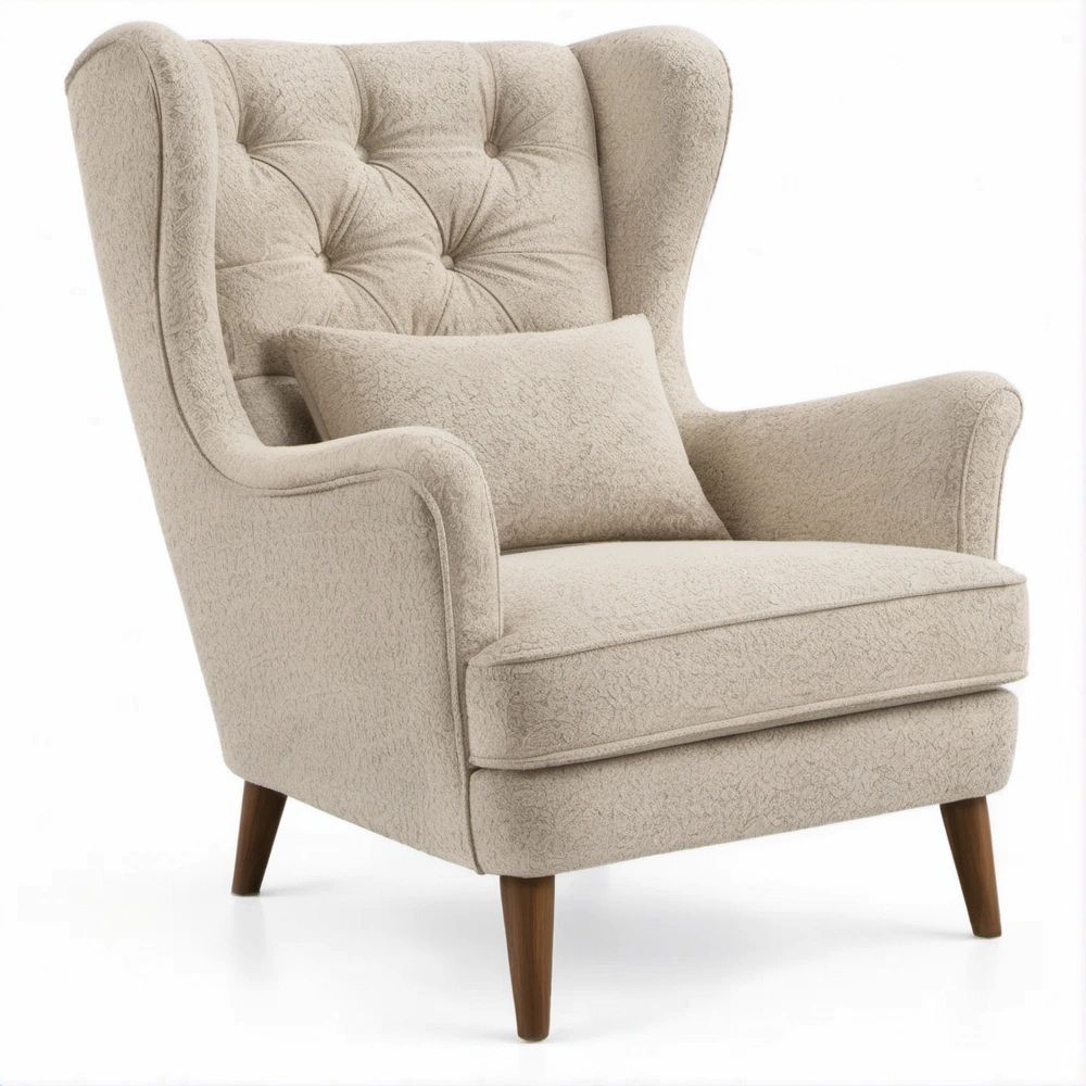 Poltrona Orelheira Bege em Poliéster com Pés Castanho-Escuro 82 x 90 x 105 cm