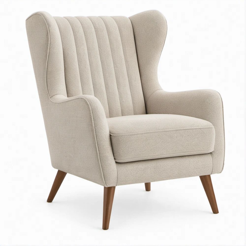 Poltrona de Orelhas em Tecido Bouclé Bege com Pés Castanhos, 82 x 86 x 103 cm