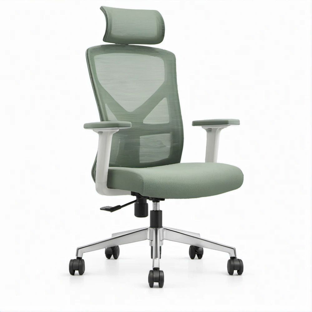 Cadeira de Escritório Ergonómica Verde-sálvia com Encosto em Malha, Apoio de Cabeça e Braços, 66 x 66 x 118-128 cm