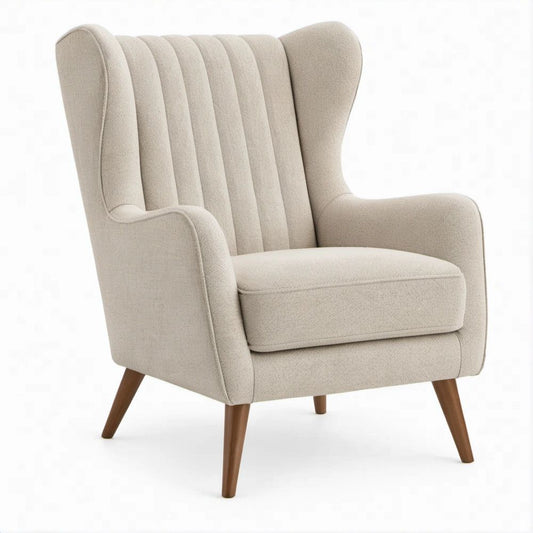 Poltrona de Orelhas em Tecido Bouclé Bege com Pés Castanhos, 82 x 86 x 103 cm