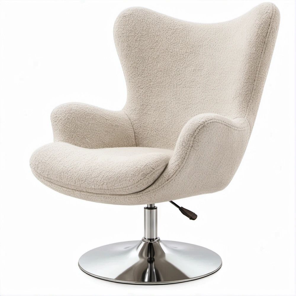 Poltrona Giratória Creme em Bouclé com Braços e Altura Ajustável, 76 x 78 x 98–108 cm